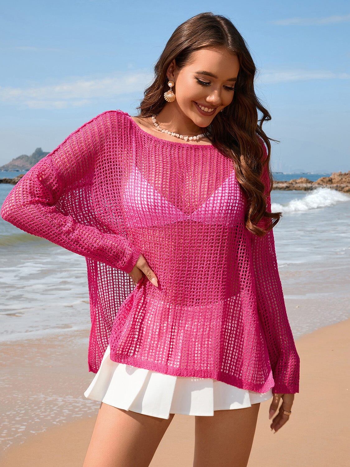 Openwork Slit Boat Neck Long Sleeve Cover-Up - Sydney So Sweet