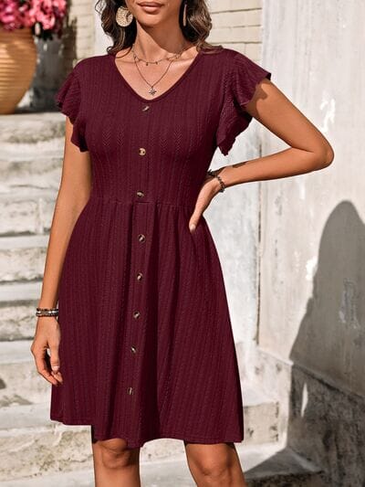 Decorative Button Ruffled V-Neck Dress - Sydney So Sweet