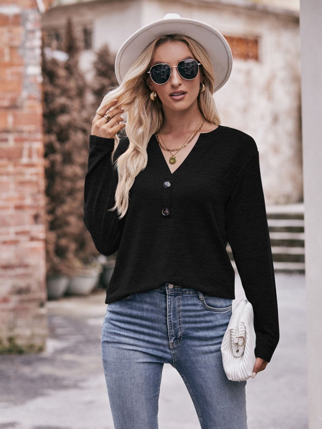 Buttoned Notched Neck Long Sleeve Top - Sydney So Sweet