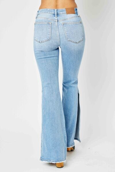 Judy Blue Full Size Mid Rise Raw Hem Slit Flare Jeans - Sydney So Sweet