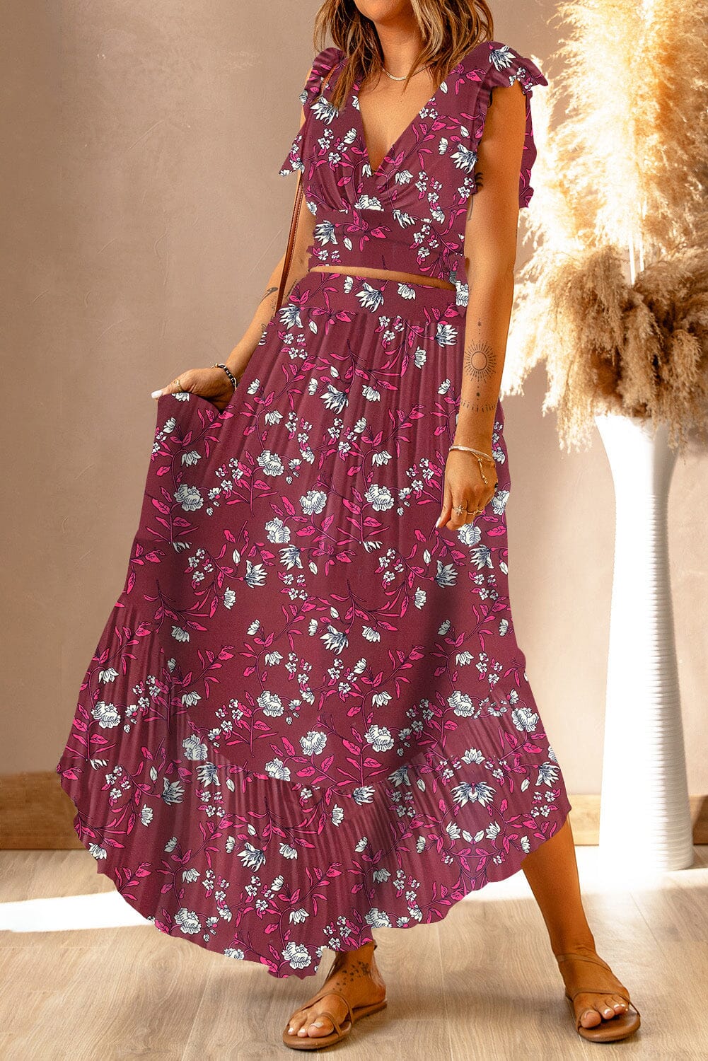 Printed Tie Back Cropped Top and Maxi Skirt Set - Sydney So Sweet