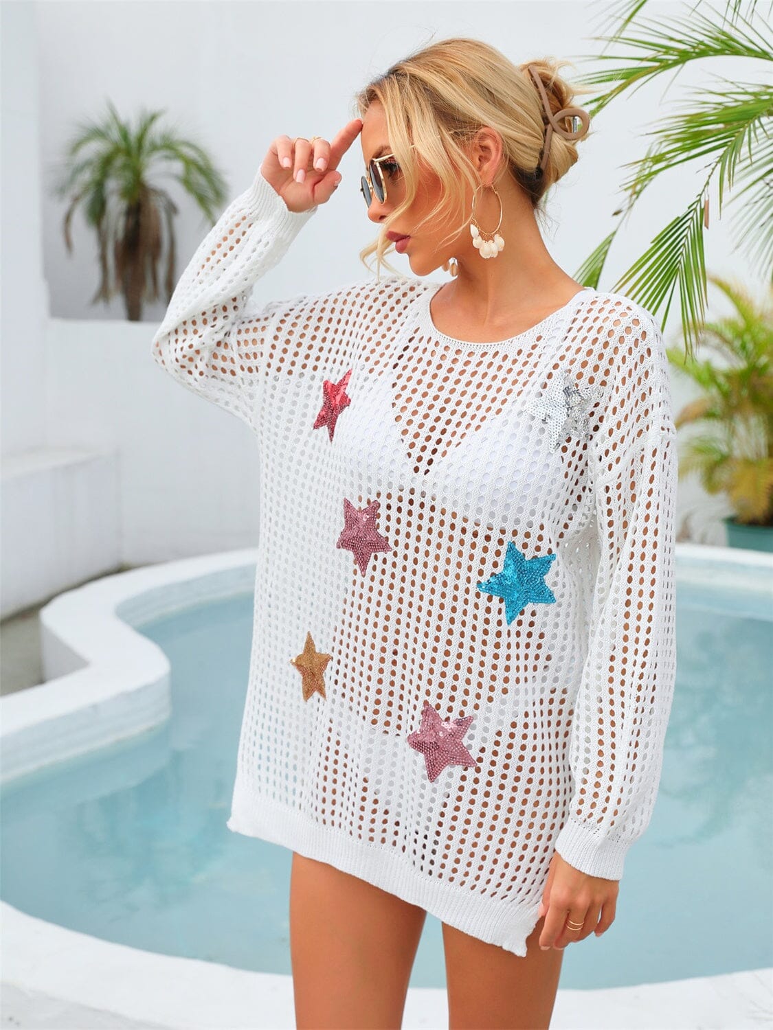 Sequin Star Round Neck Long Sleeve Cover Up - Sydney So Sweet