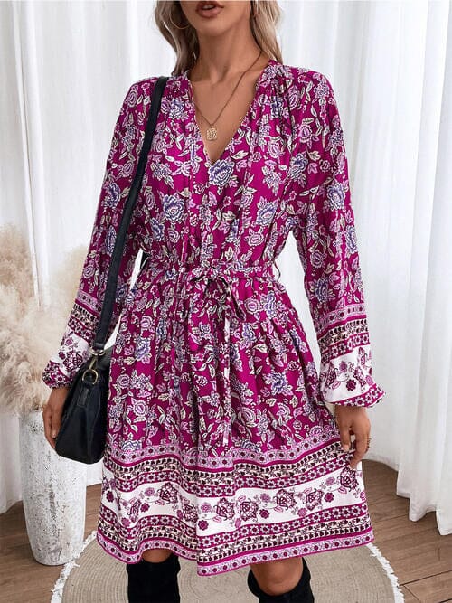 Floral Tie Neck Balloon Sleeve Dress - Sydney So Sweet