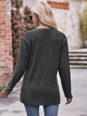Buttoned Notched Neck Long Sleeve Top - Sydney So Sweet