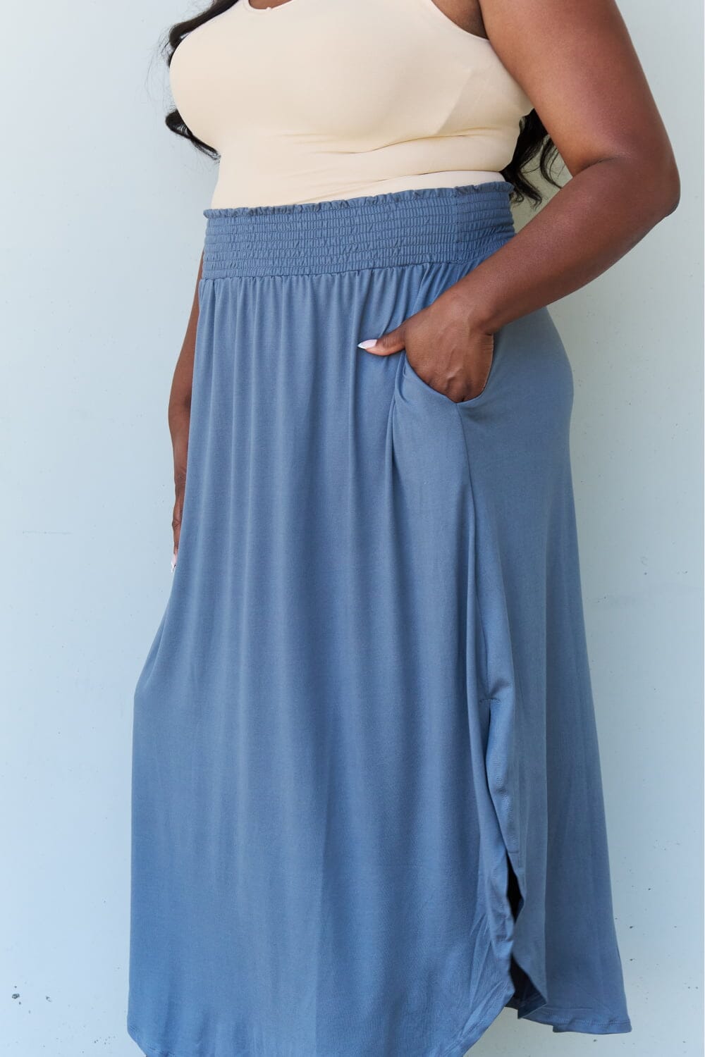 Full Size High Waist Scoop Hem Maxi Skirt in Dusty Blue - Sydney So Sweet