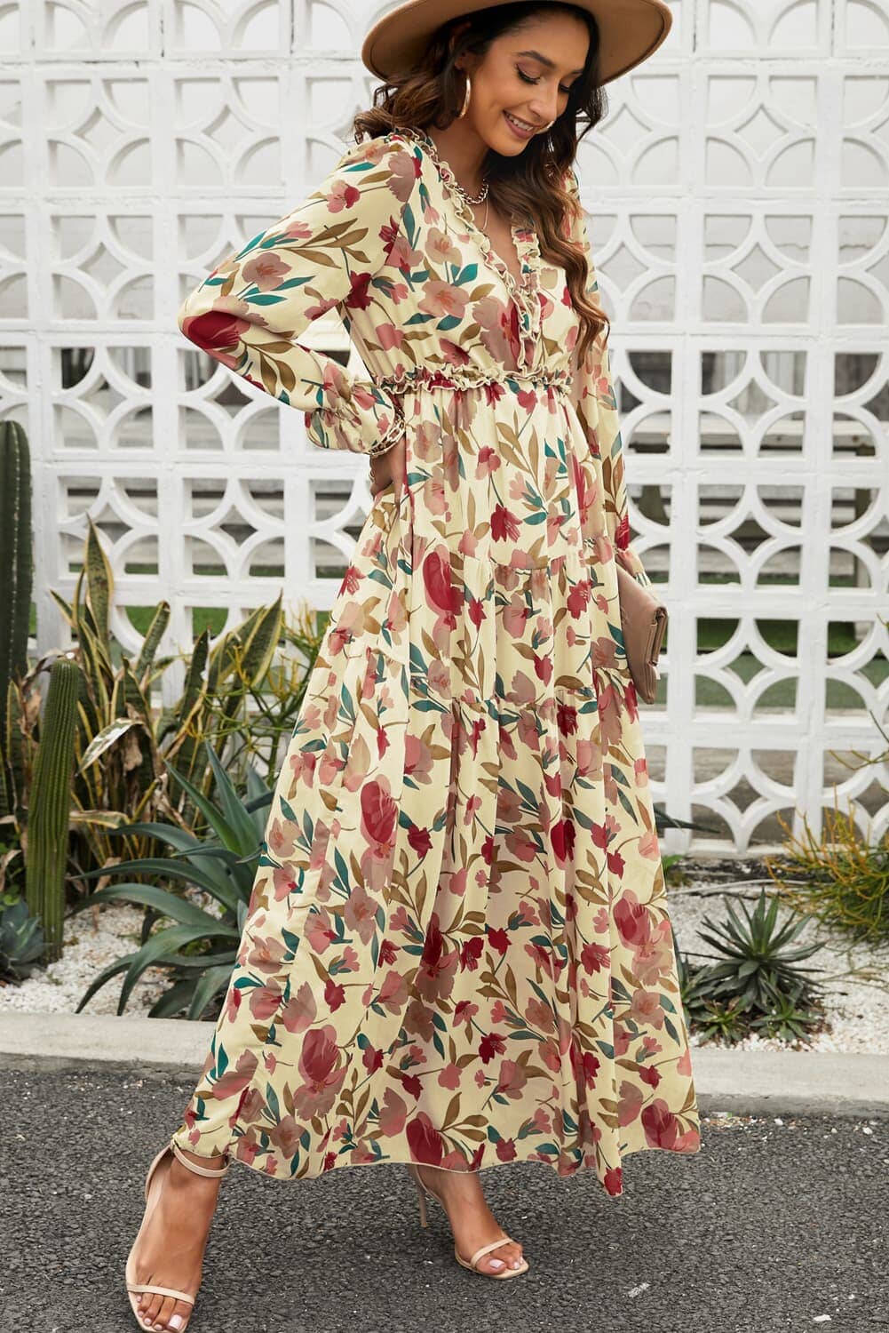 Floral Frill Trim Flounce Sleeve Plunge Maxi Dress - Sydney So Sweet