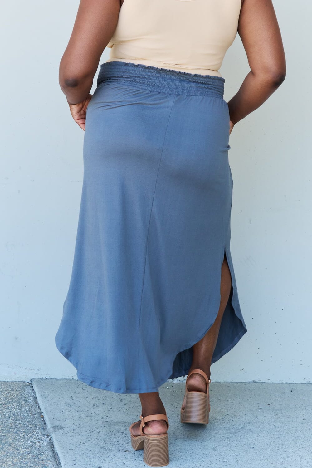 Full Size High Waist Scoop Hem Maxi Skirt in Dusty Blue - Sydney So Sweet