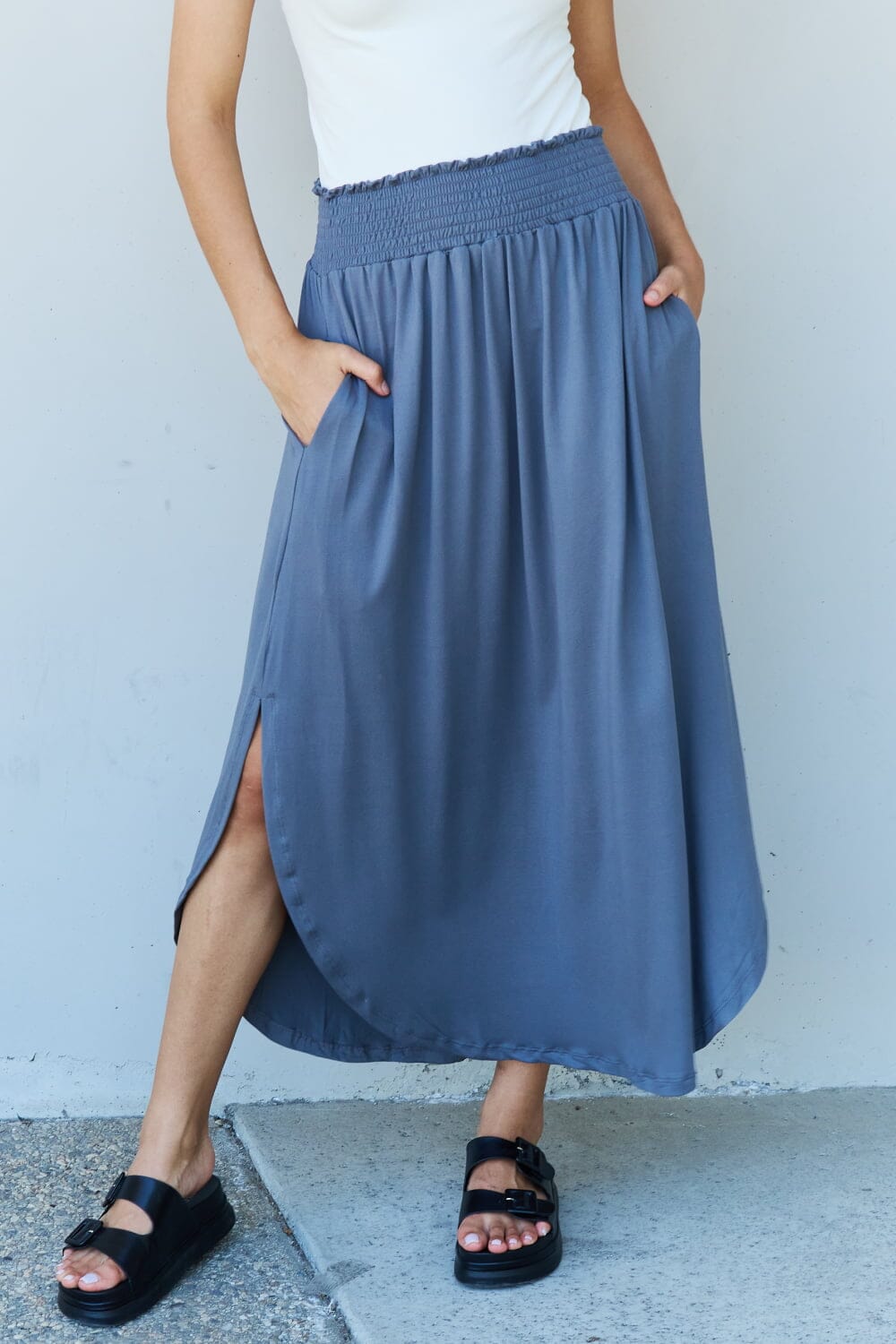 Full Size High Waist Scoop Hem Maxi Skirt in Dusty Blue - Sydney So Sweet