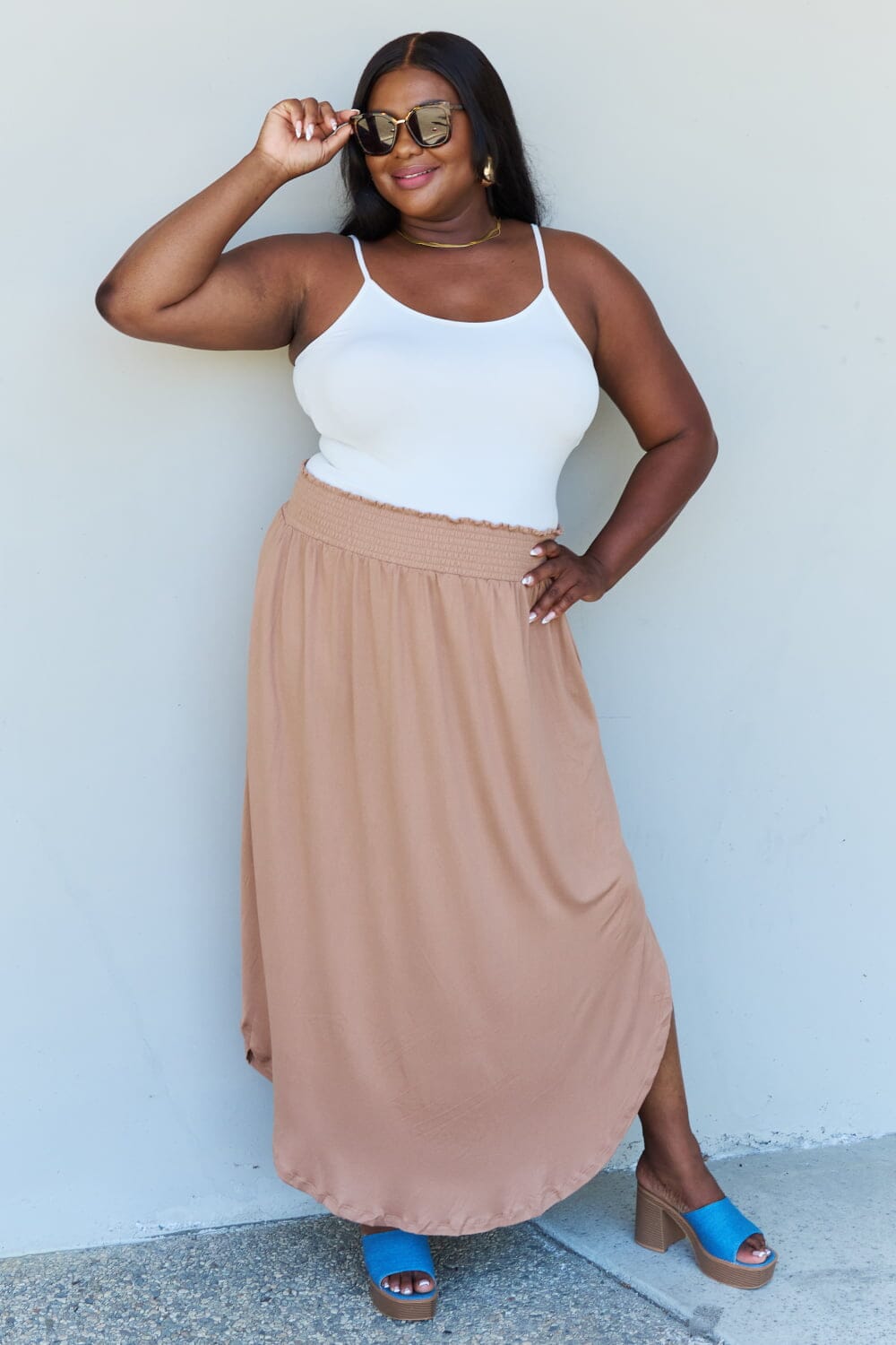 Full Size High Waist Scoop Hem Maxi Skirt in Tan - Sydney So Sweet