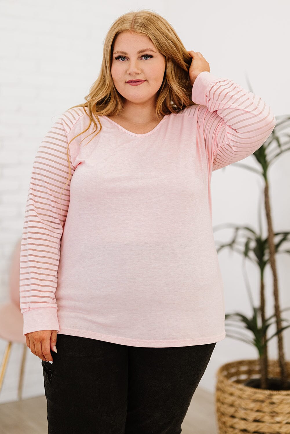 Plus Size Sheer Striped Sleeve V-Neck Top - Sydney So Sweet