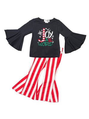 Joy To The World Red Holiday Stripe Denim Bell Bottom Girls Outfit - Sydney So Sweet